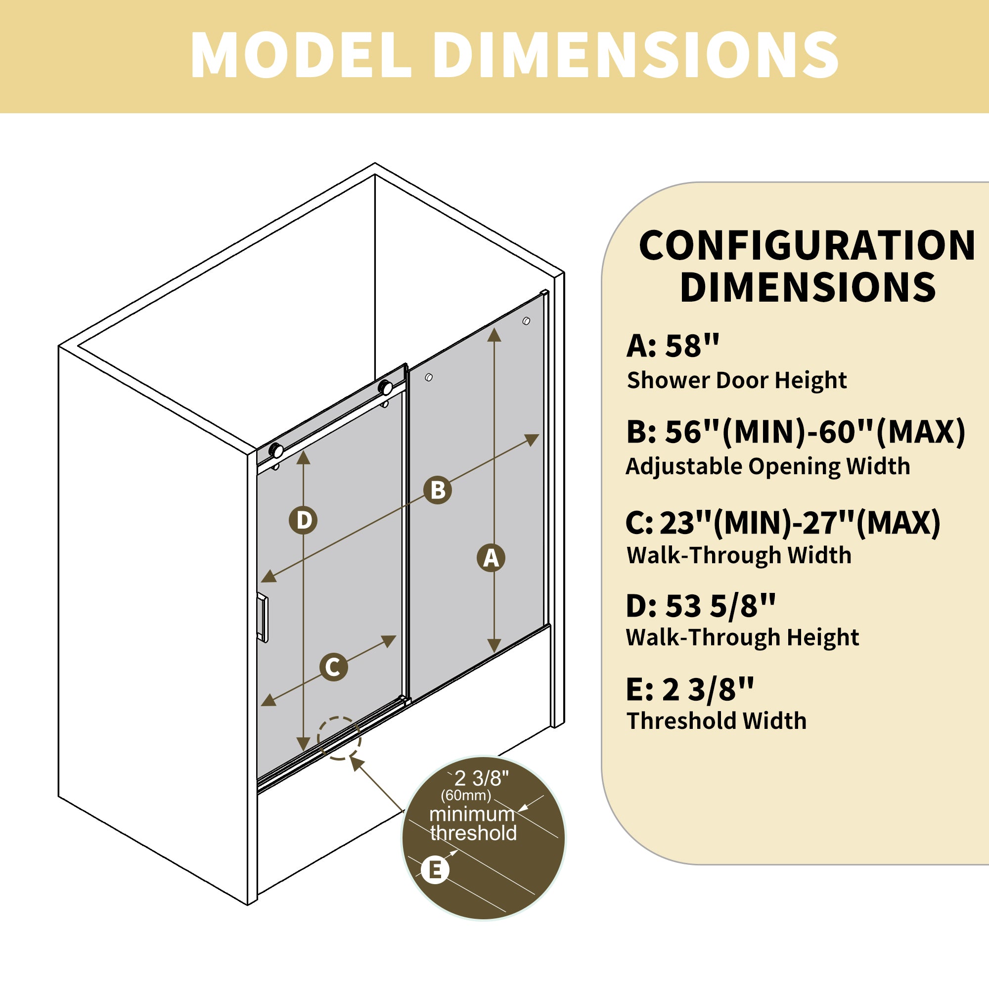 56-60" W x 58" H Frameless Black Shower Door for Bathtub