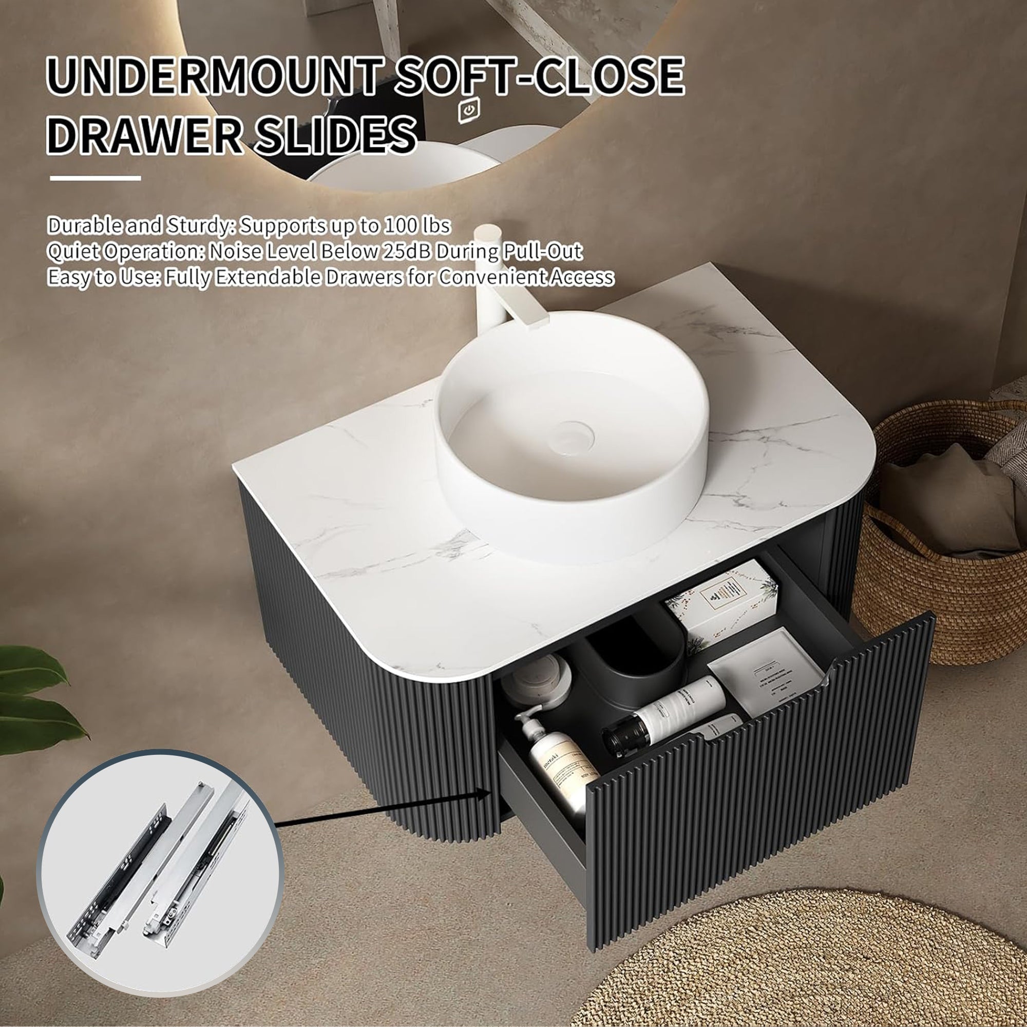 Floating Bathroom Vanity with White Round Ceramic Basin