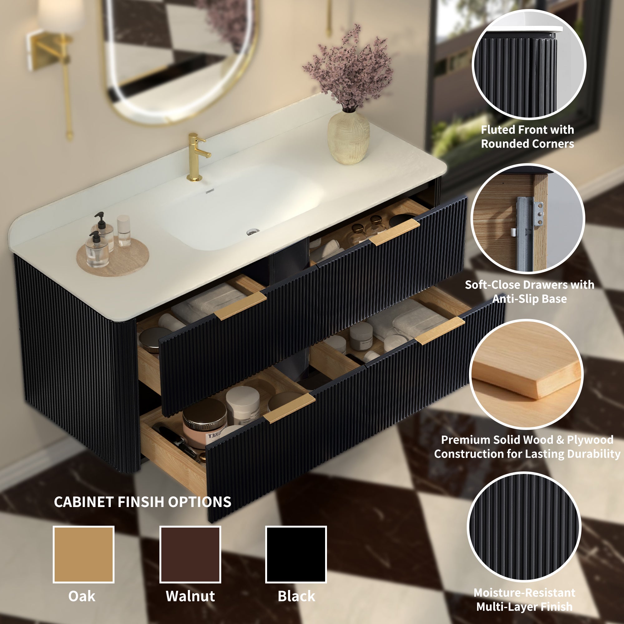 48-Inch Black Floating Bathroom Vanity with Sink