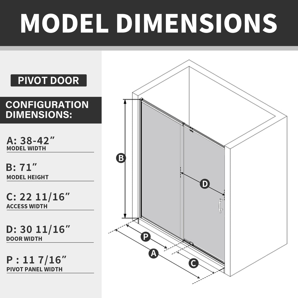 38-42" W x 71" H Matte Black Pivot Shower Door, 1/4"SGCC Tempered Glass