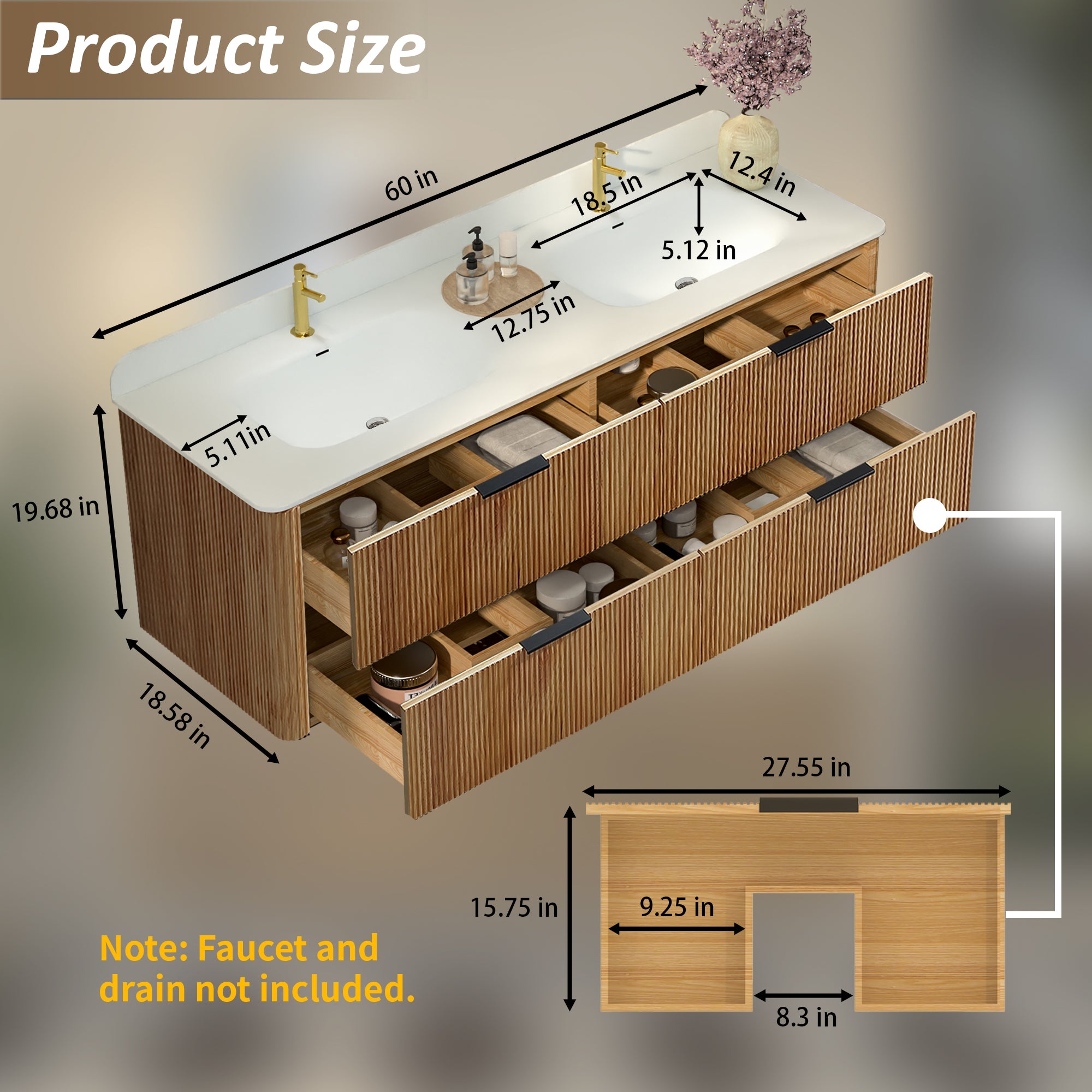 60-Inch Oak Floating Bathroom Vanity with Sink