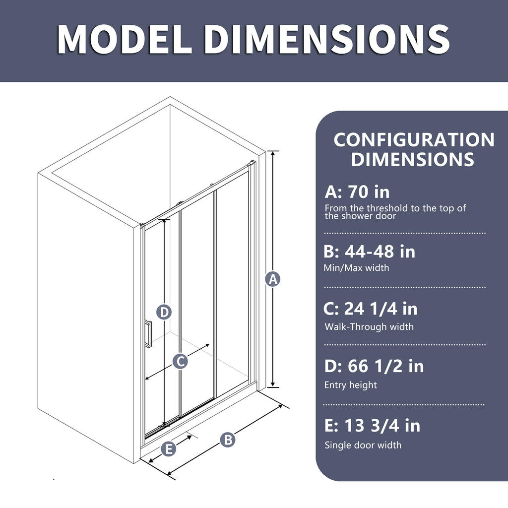44-48"W x 70"H Trifold Sliding Shower Door