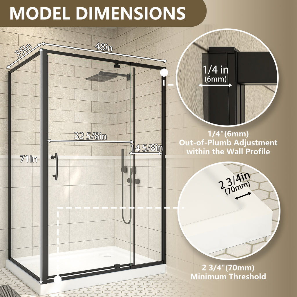 48"Wx35“Dx71”H Matte Black Semi-Frameless Shower Enclosure,1/4" Tempered Glass