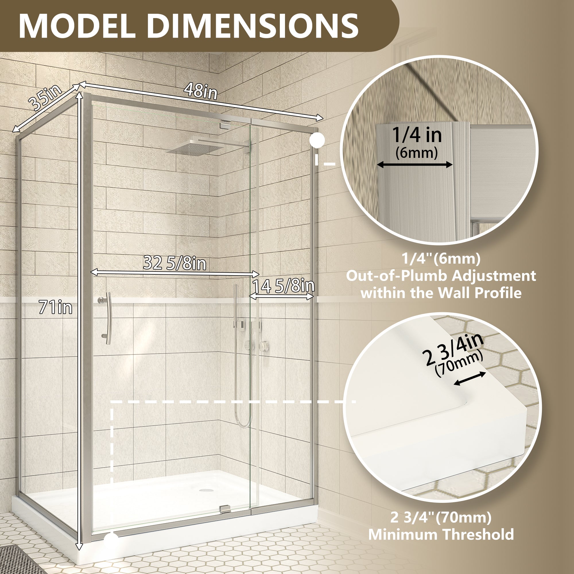 48"Wx35”Dx71“H Brushed Nickel Semi-Frameless Shower Enclosure,1/4" Tempered Glass