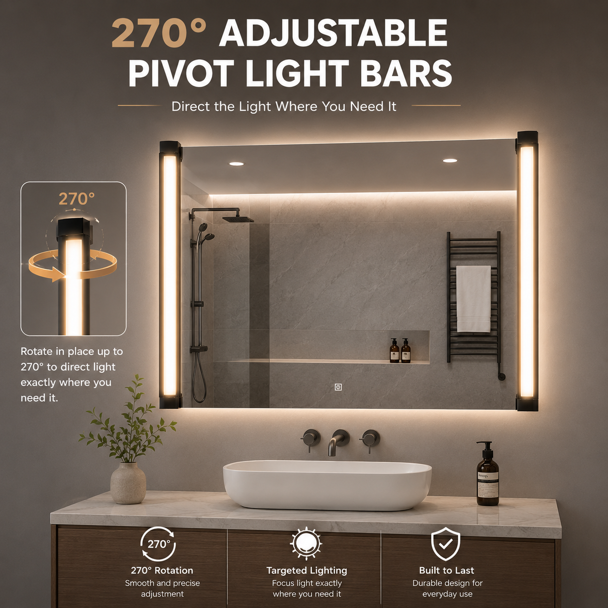 32"Wx24"H LED Vanity Mirror, 270° Rotatable LED Arms
