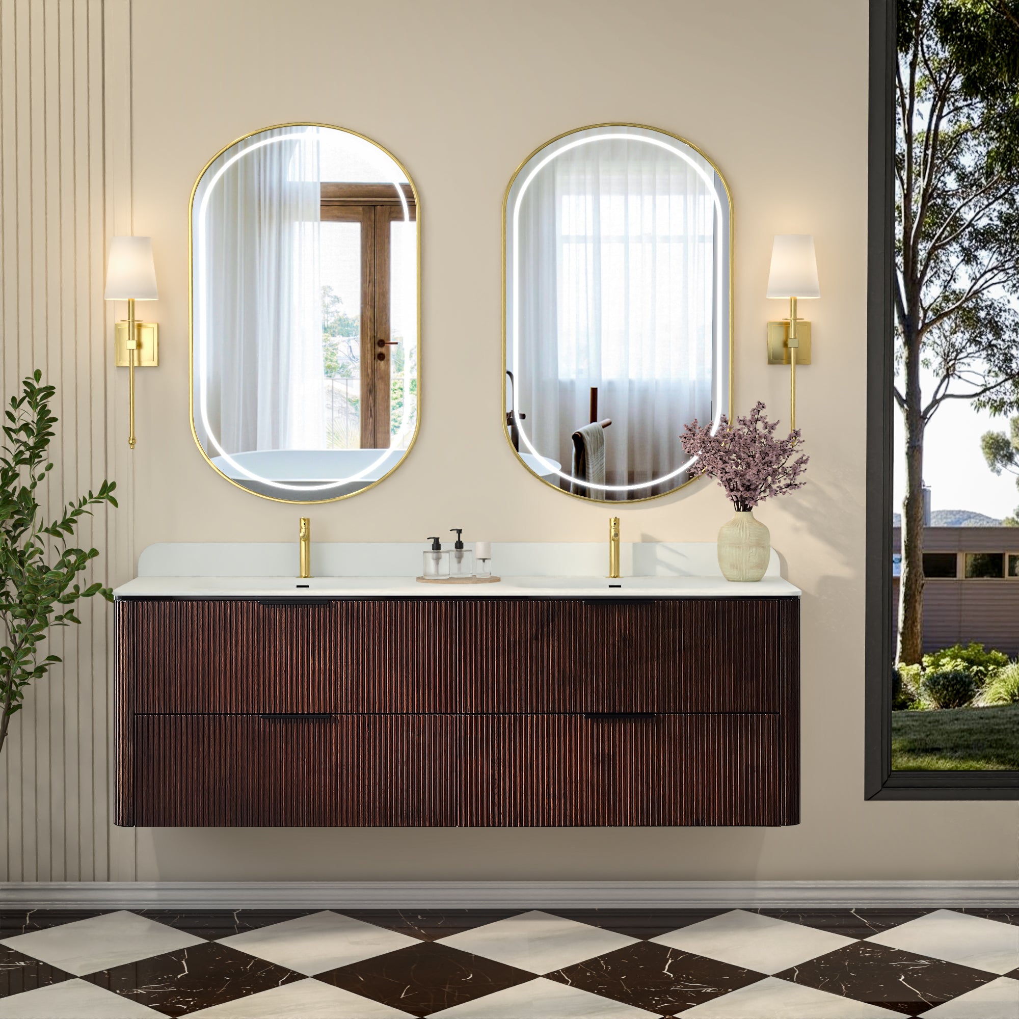 60-Inch Walnut Floating Bathroom Vanity with Double Sinks