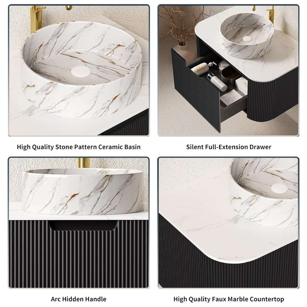 Floating Bathroom Vanity with Matte Stone White Round Ceramic Basin