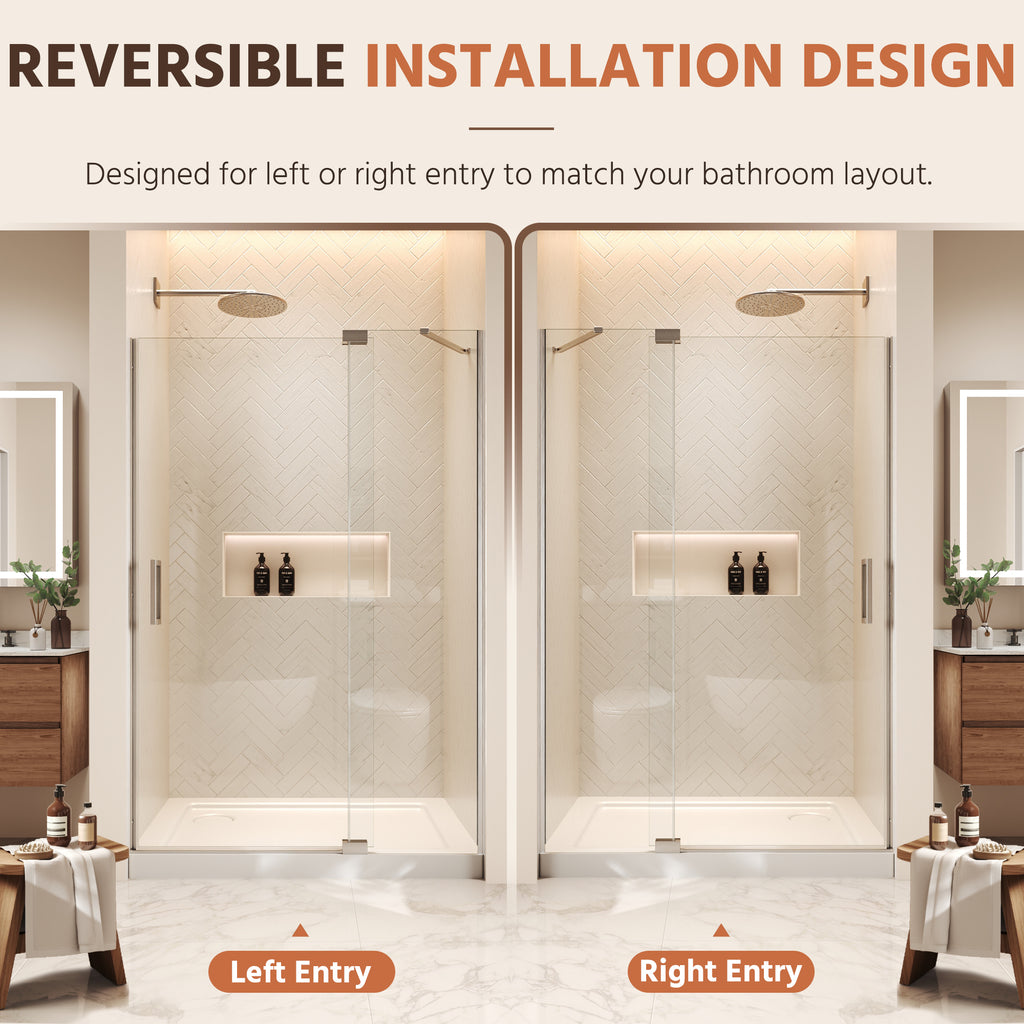 48"Wx70"H Frameless Pivot Shower Door, Brushed Nickel