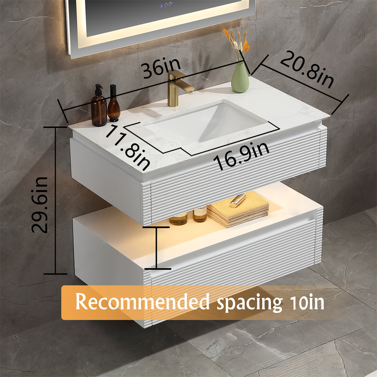36 Inches White Floating Bathroom Vanity with One Sink, Wall Mounted Double Layer