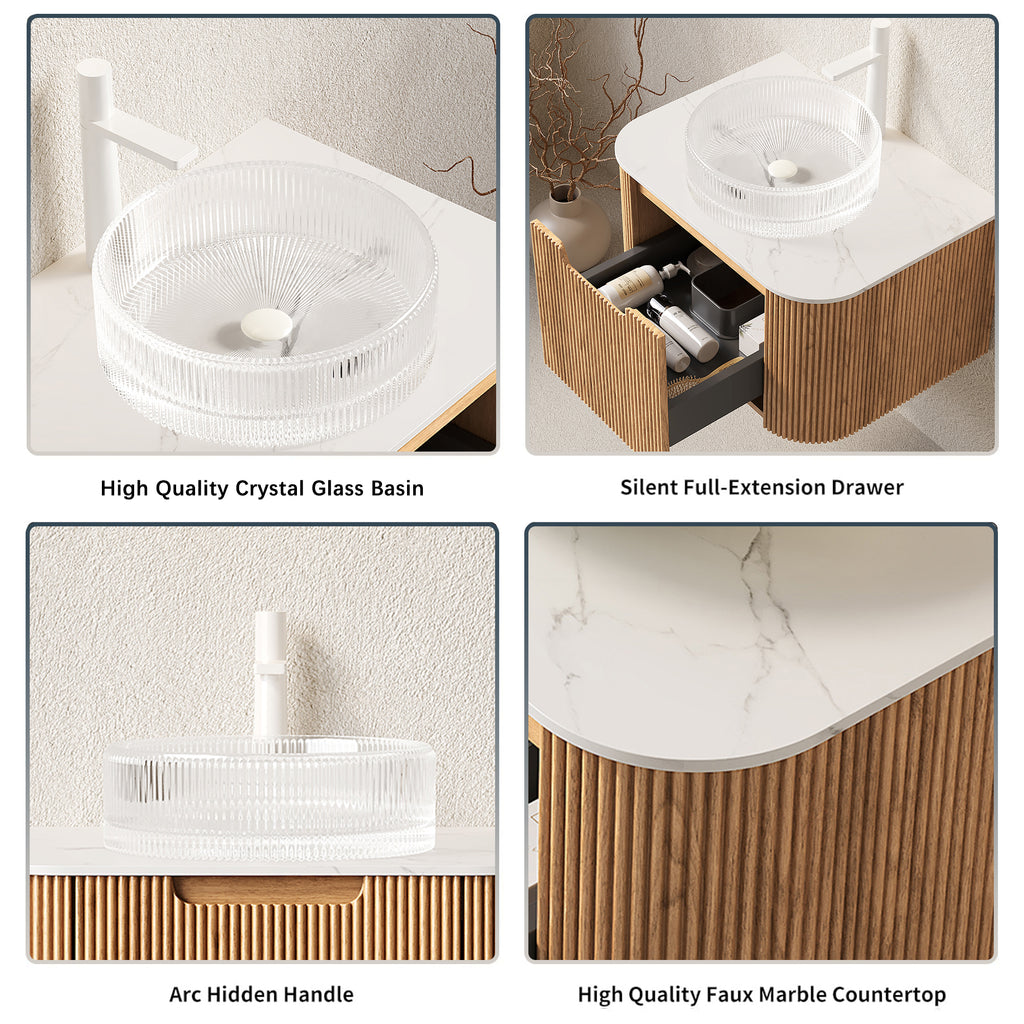 Floating Bathroom Vanity with Transparent Crystal Glass Basin
