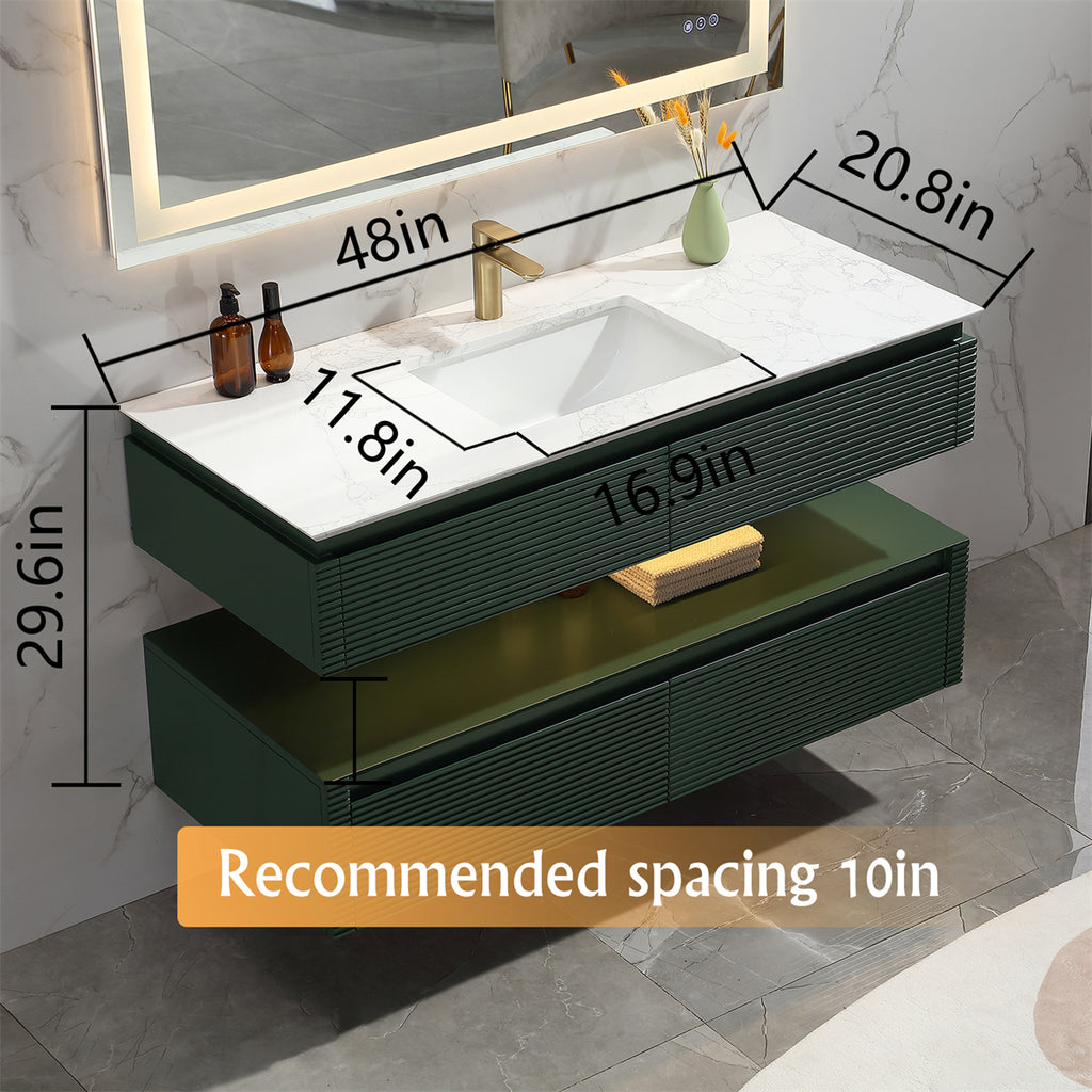 48 Inches Green Floating Bathroom Vanity with One Sink, Wall Mounted Double Layer