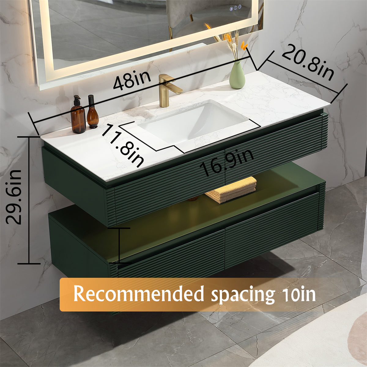 48 Inches Green Floating Bathroom Vanity with One Sink, Wall Mounted Double Layer