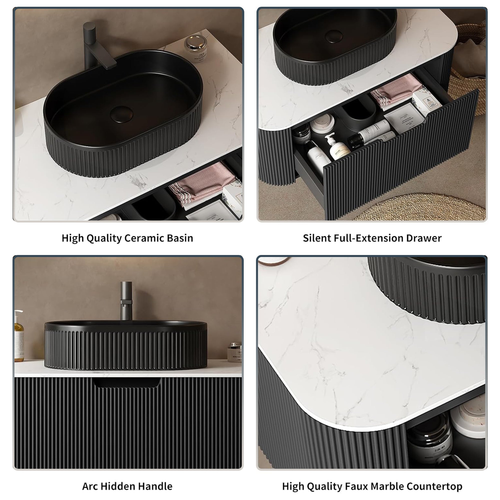 Floating Bathroom Vanity with Black Ceramic Vessel Basin