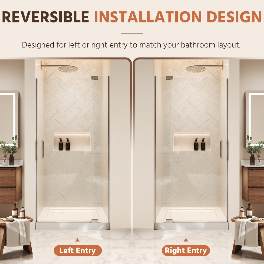 36"Wx70"H Frameless Pivot Shower Door, Brushed Nickel