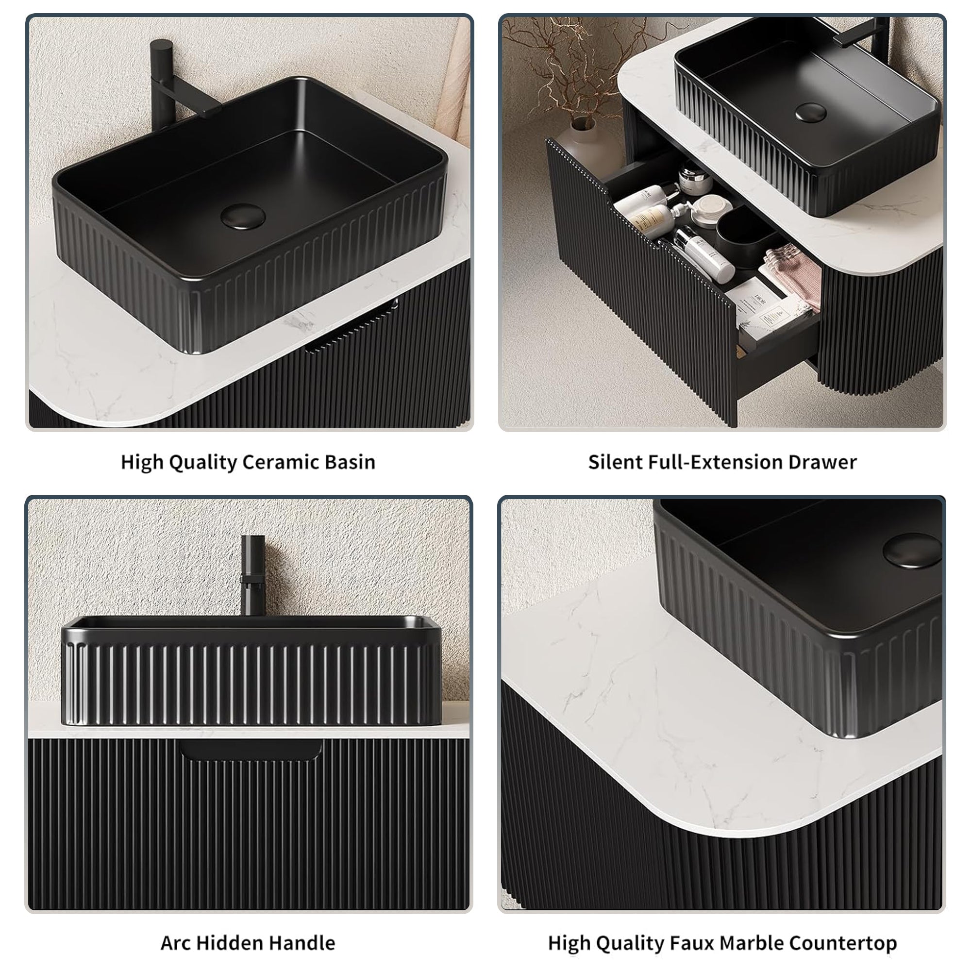 Floating Bathroom Vanity with Black Rectangular Ceramic Basin