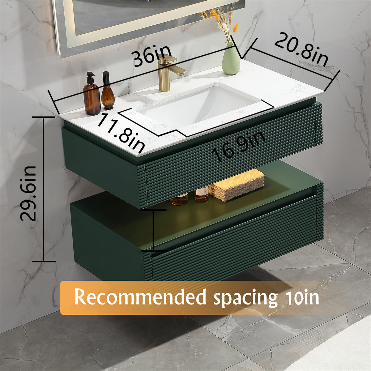 36 Inches Green Floating Bathroom Vanity with One Sink, Wall Mounted Double Layer