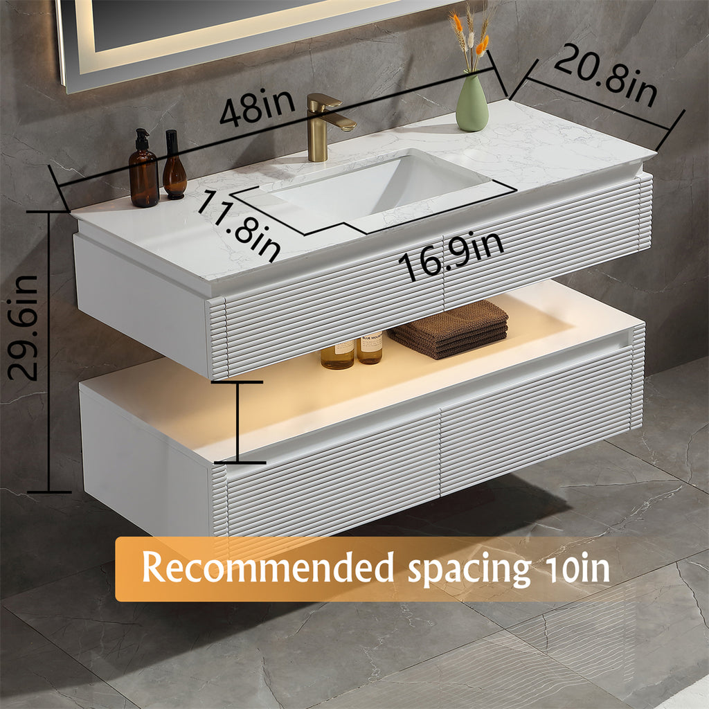 48 Inches White Floating Bathroom Vanity with One Sink, Wall Mounted Double Layer