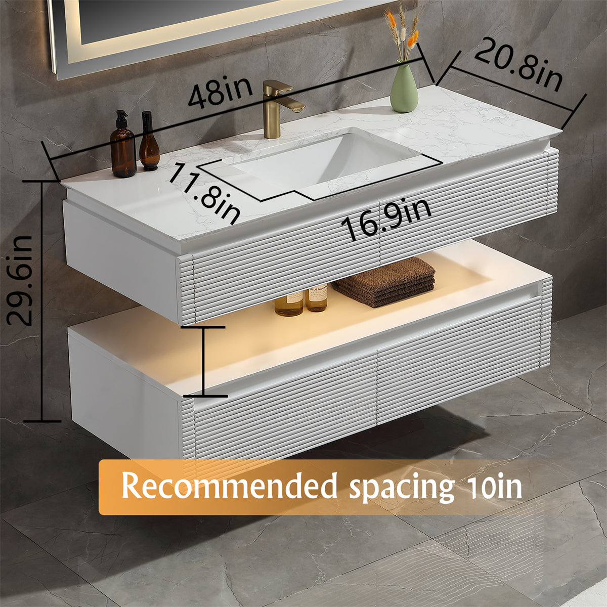 48 Inches White Floating Bathroom Vanity with One Sink, Wall Mounted Double Layer