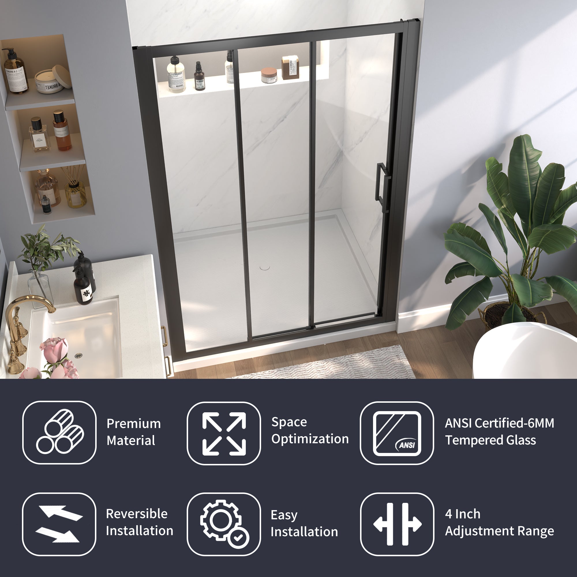 44-48"W x 70"H Trifold Sliding Shower Door