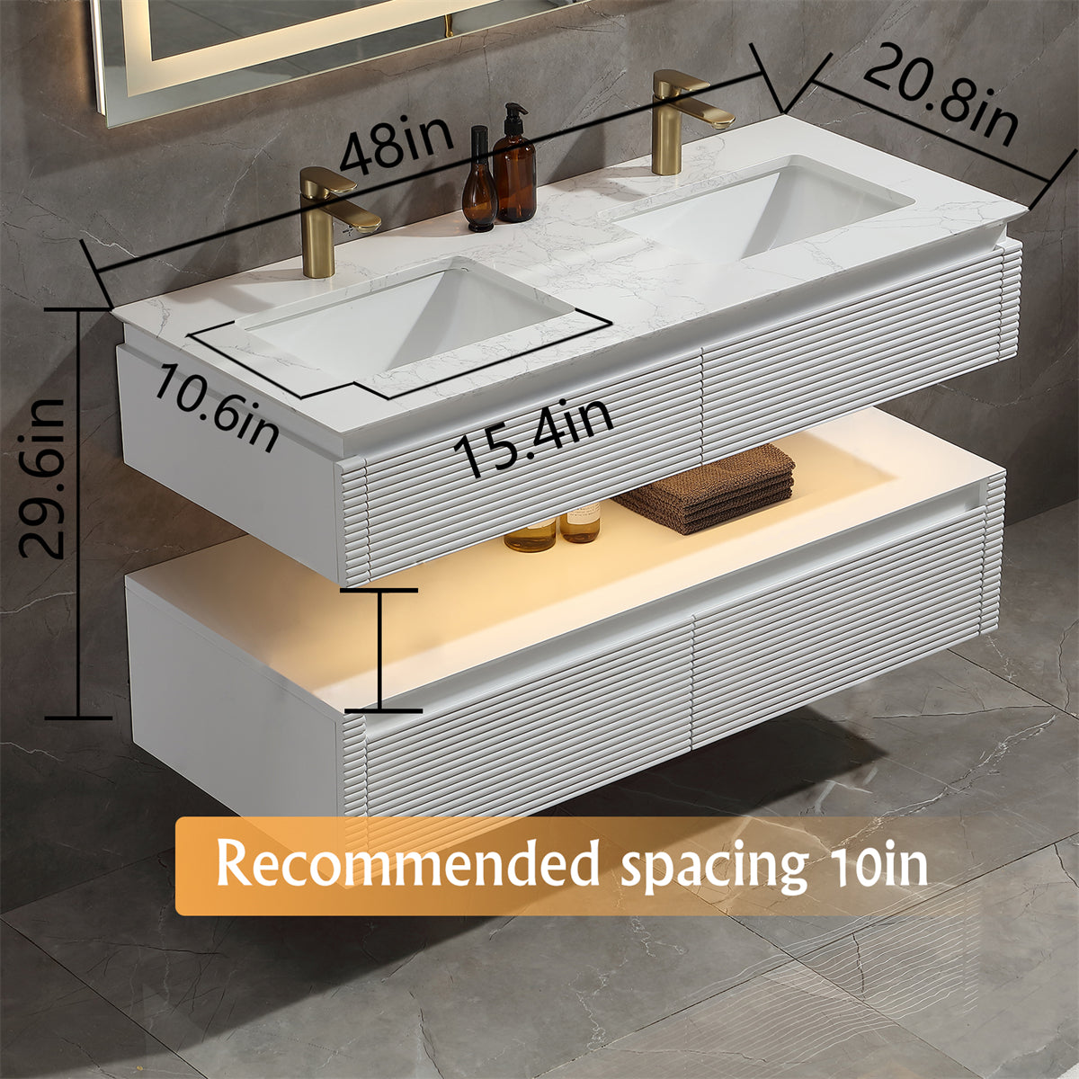 48 Inches White Floating Bathroom Vanity with Double Sinks, Wall Mounted Double Layer
