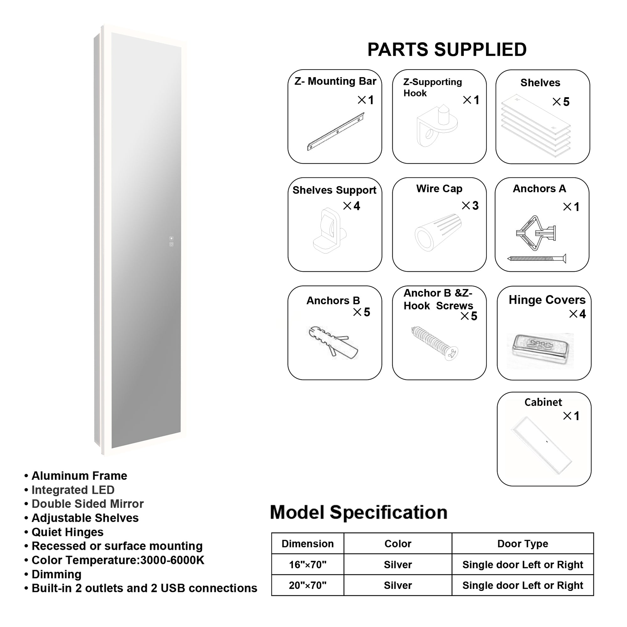 20 X 70 Full Body Lighted Medicine Cabinet with Mirror
