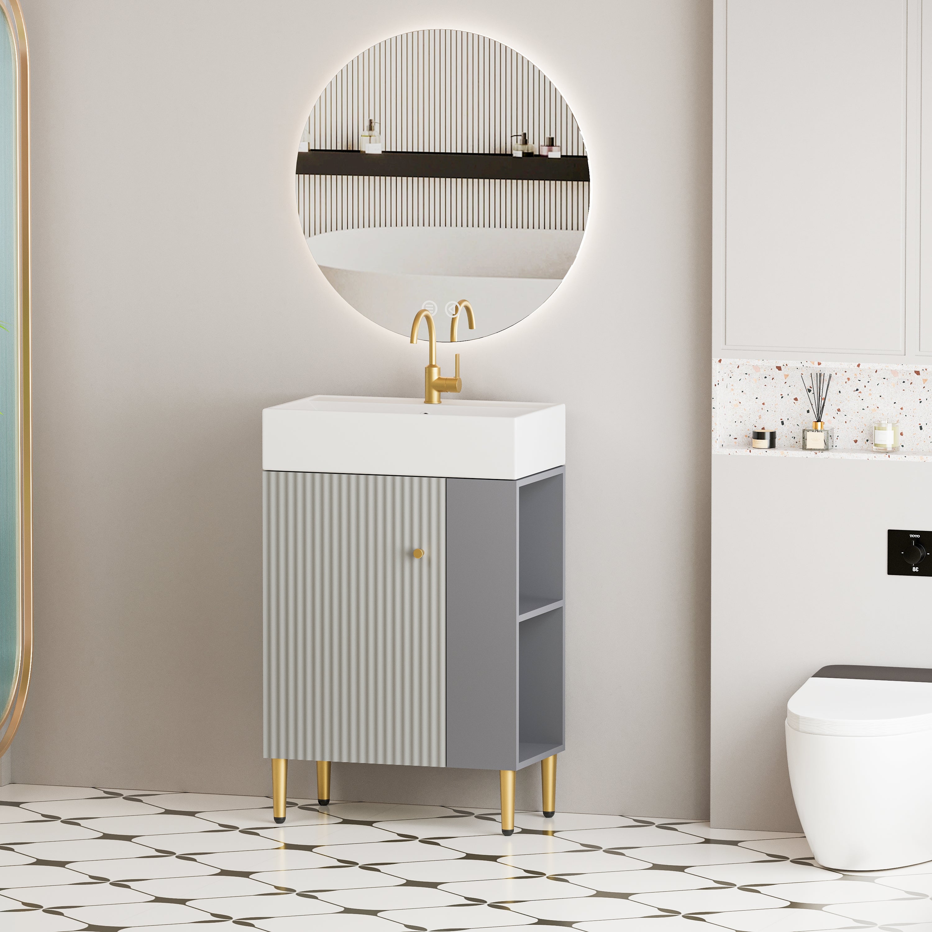 21.6" Gray Small Freestanding Vanity with Sink-Left Handed Open