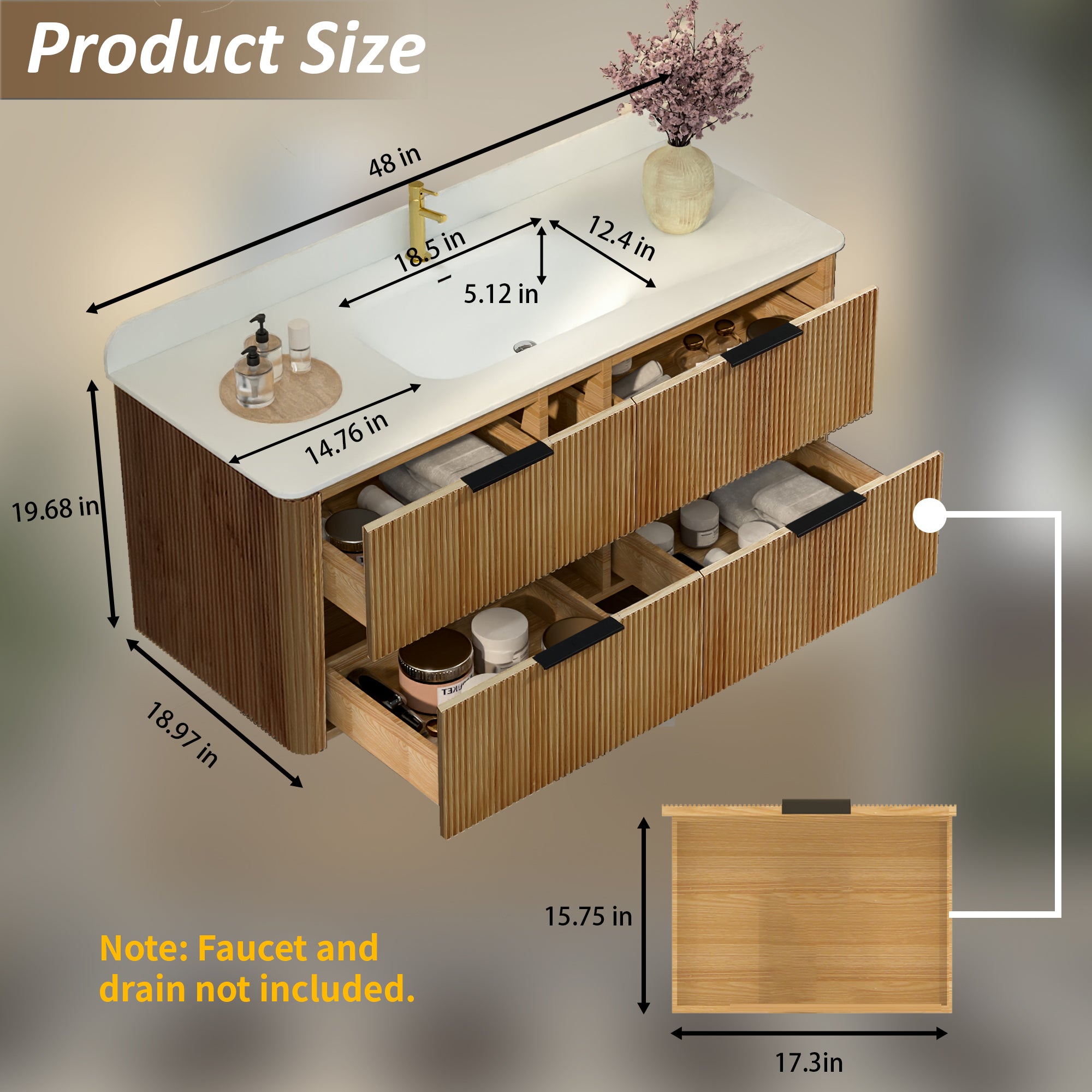 48-Inch Oak Floating Bathroom Vanity with Sink