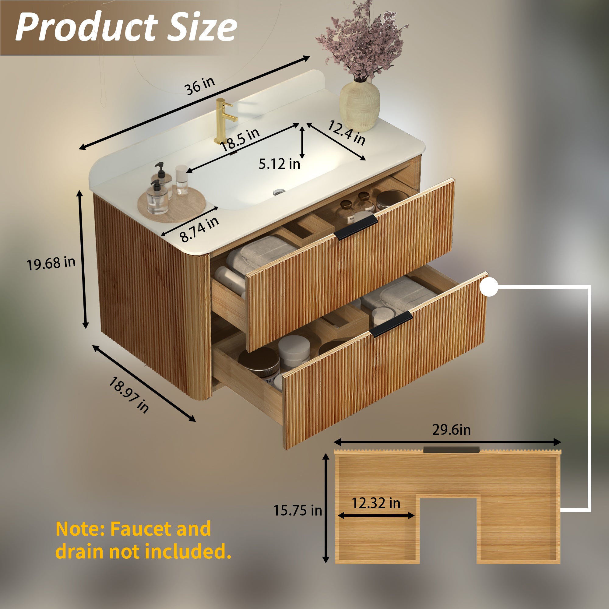 36-Inch Oak Floating Bathroom Vanity with Sink