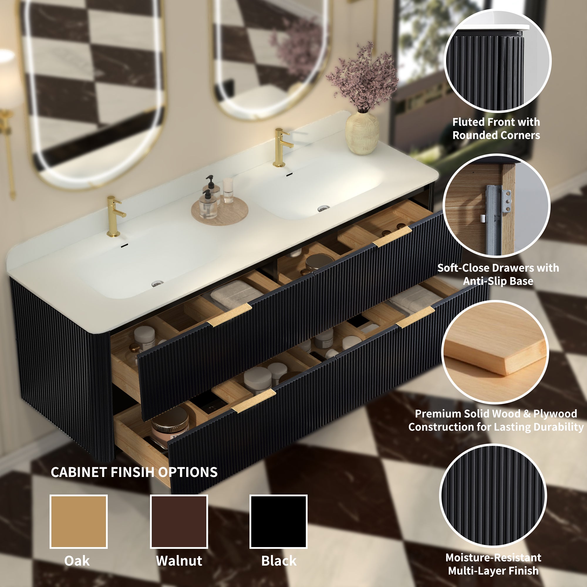 60-Inch Black Floating Bathroom Vanity with Sink