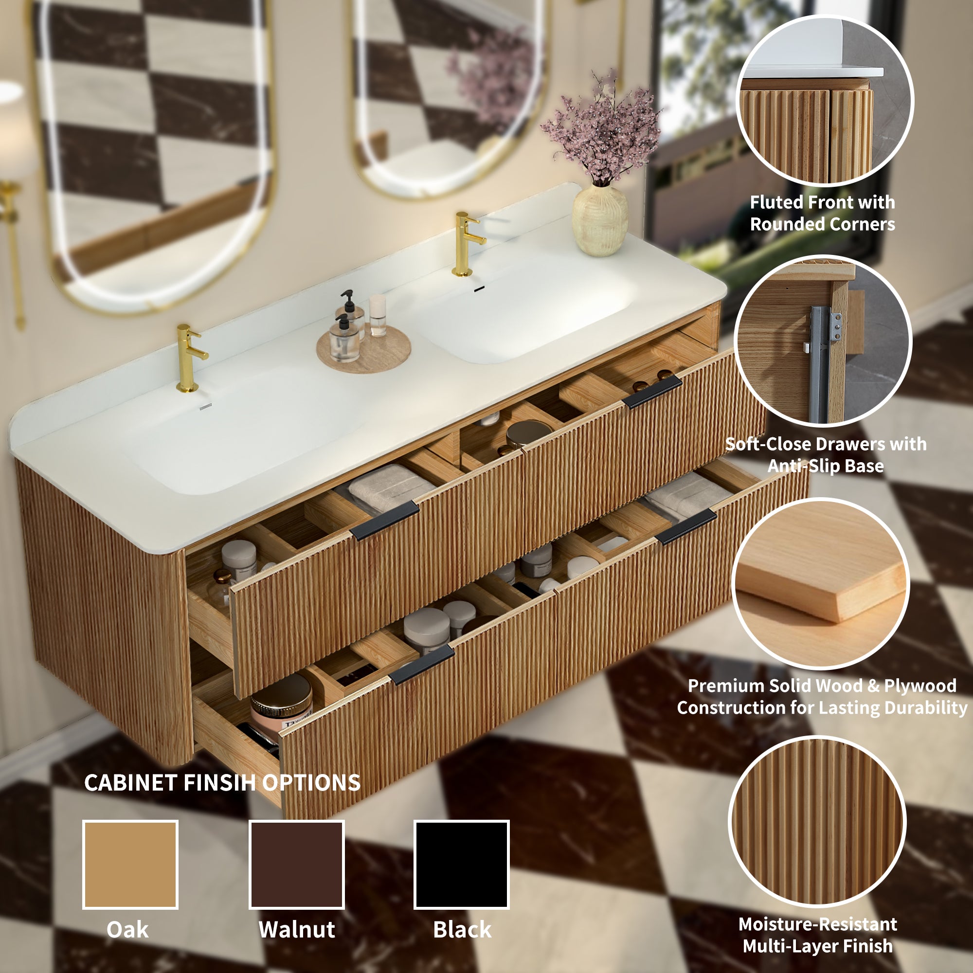 60-Inch Oak Floating Bathroom Vanity with Sink