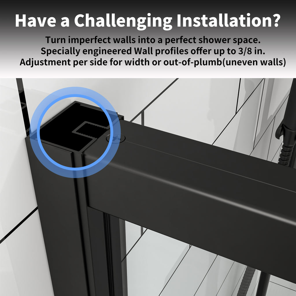 44-48" W x 71" H Matte Black Pivot Shower Door, 1/4"SGCC Tempered Glass