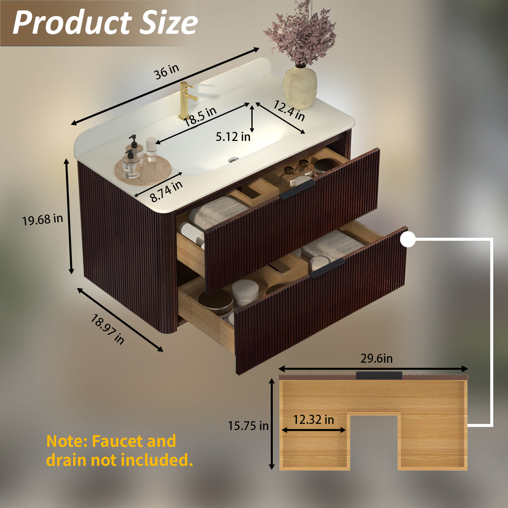 36-Inch Walnut Floating Bathroom Vanity with Sink