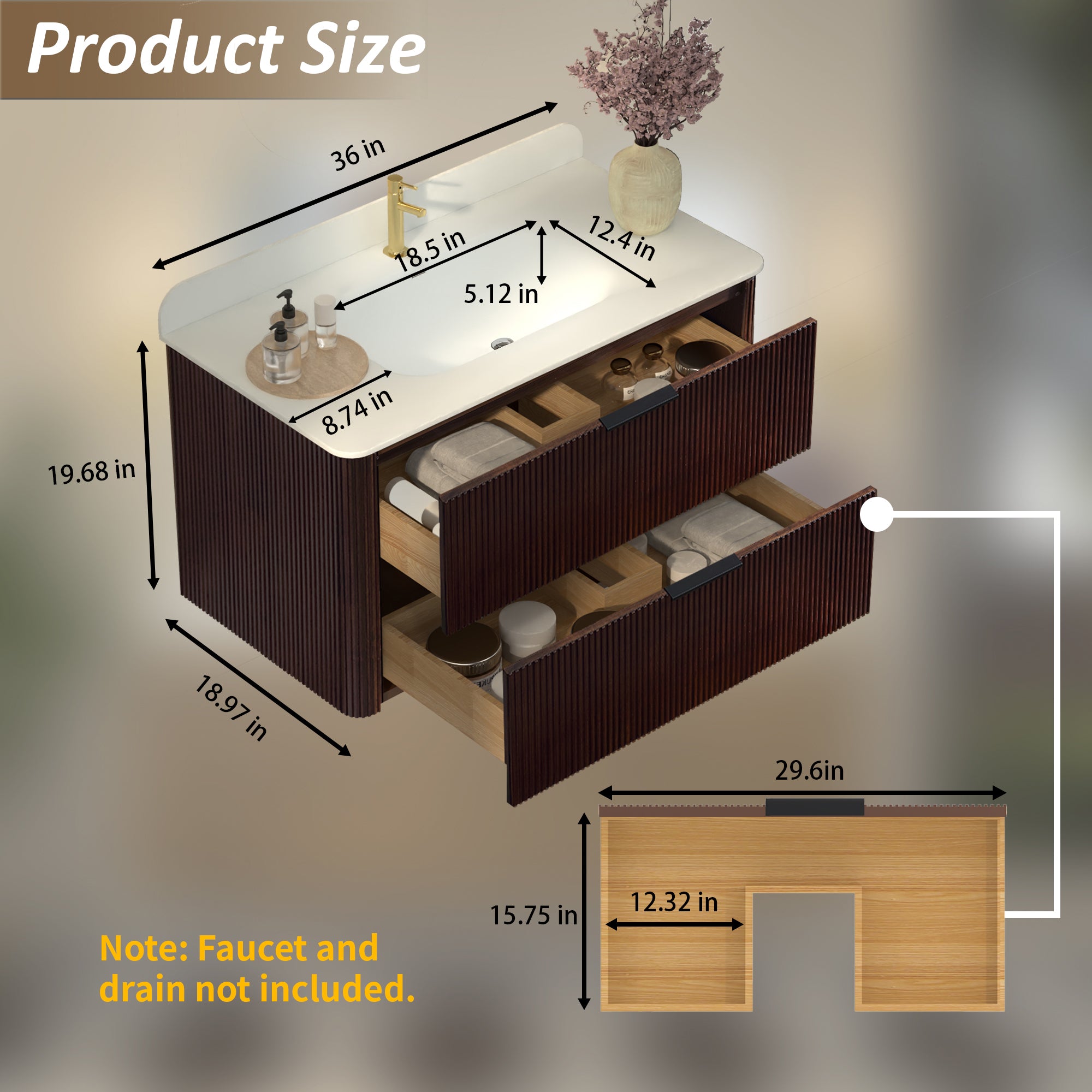 36-Inch Walnut Floating Bathroom Vanity with Sink