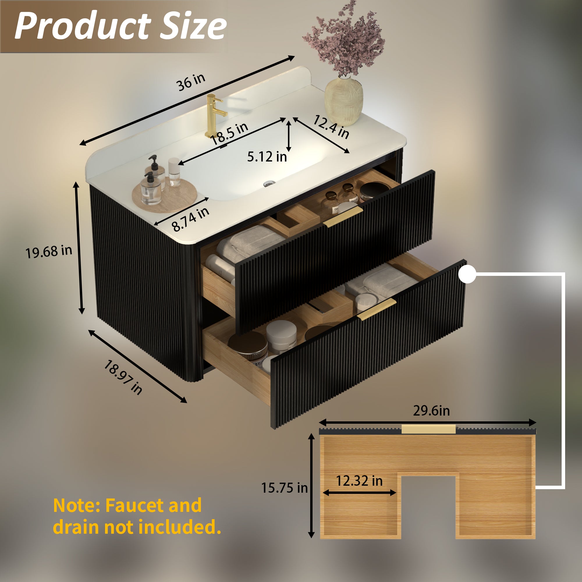 36-Inch Black Floating Bathroom Vanity with Sink