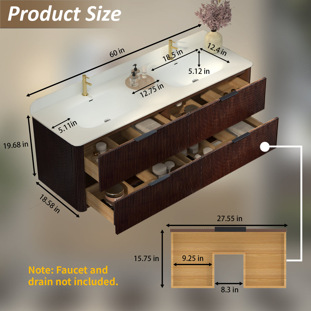 60-Inch Walnut Floating Bathroom Vanity with Double Sinks