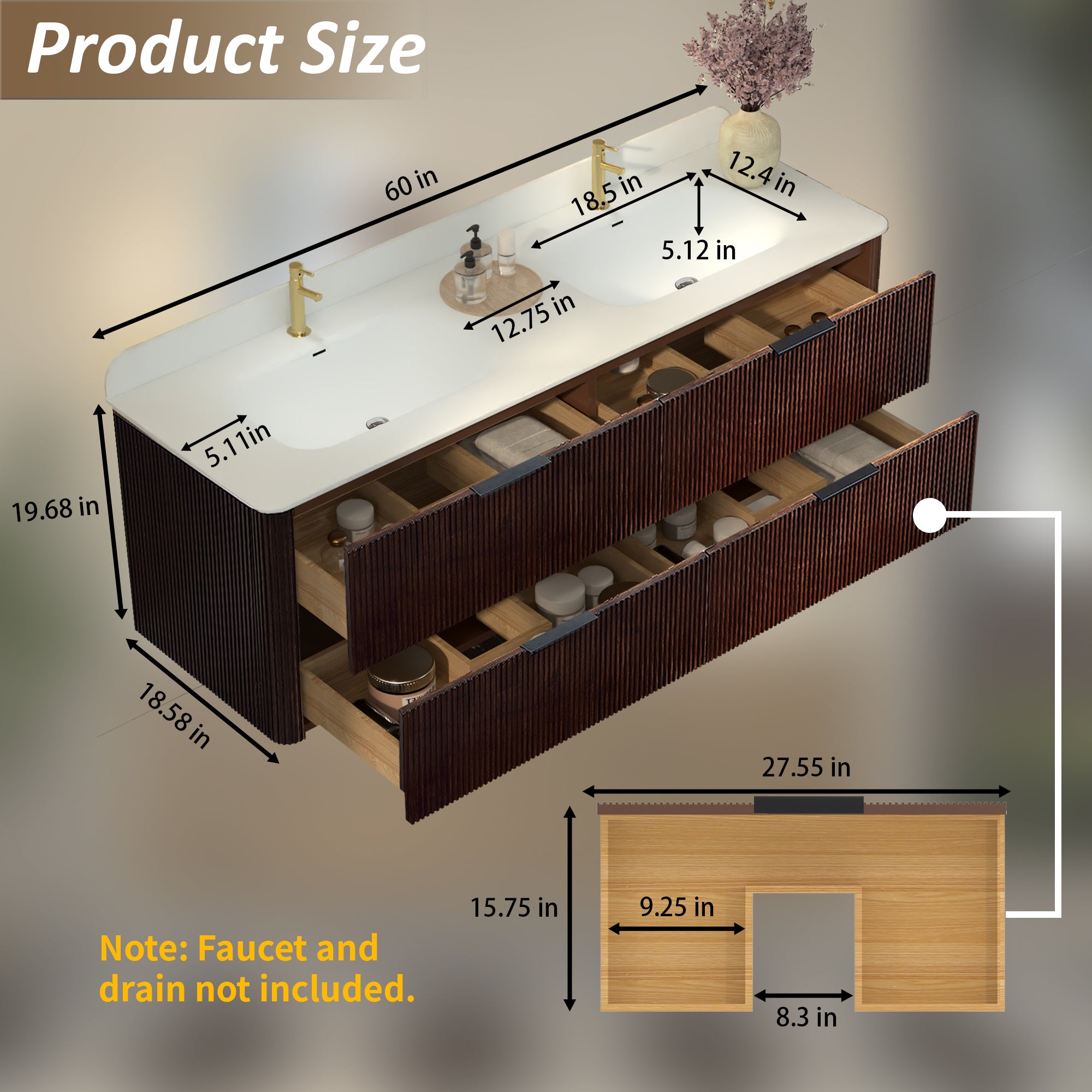 60-Inch Walnut Floating Bathroom Vanity with Sink