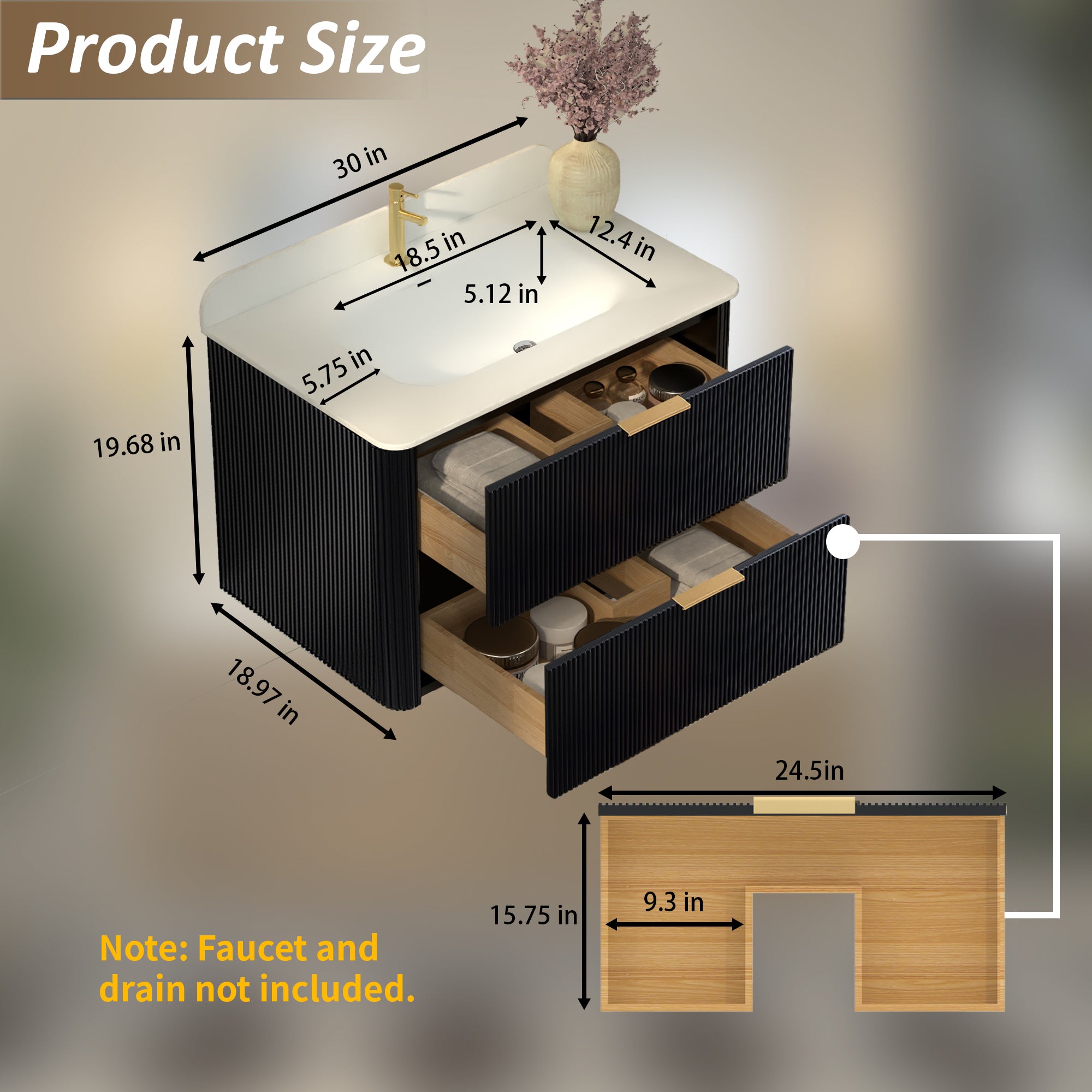 30-Inch Black Floating Bathroom Vanity with Sink