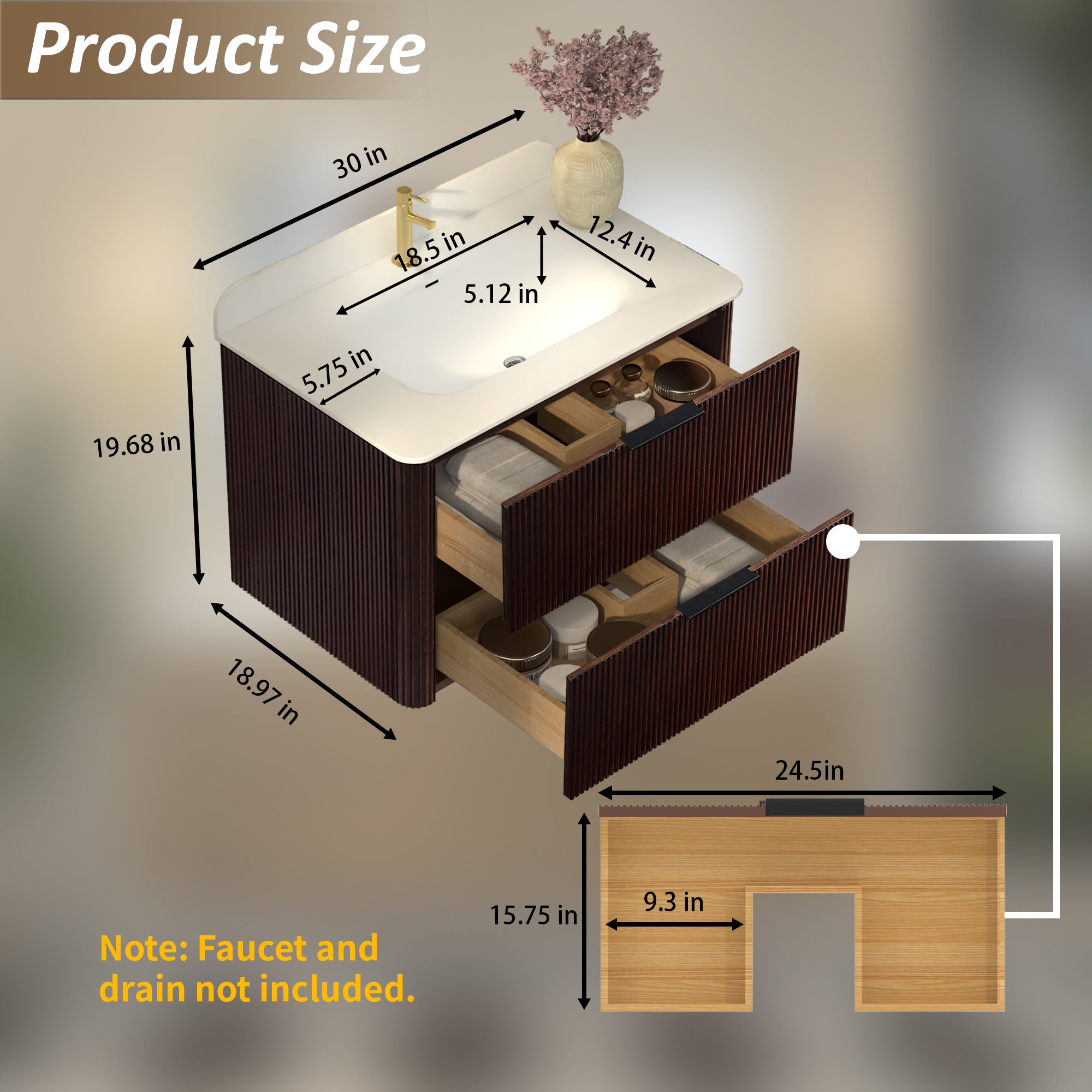 30-Inch Walnut Floating Bathroom Vanity with Sink