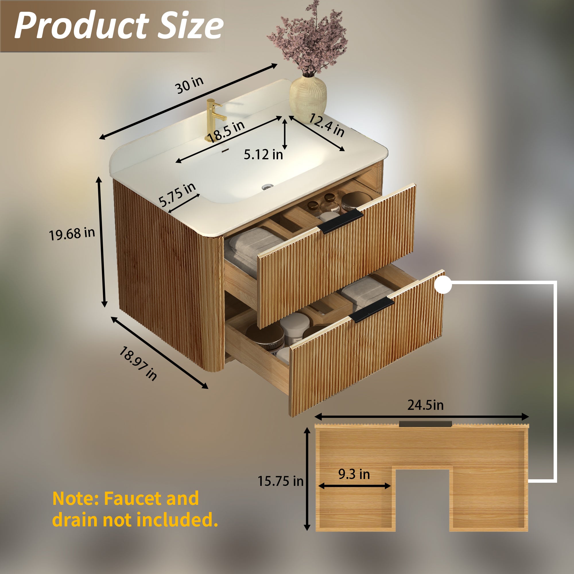 30-Inch Oak Floating Bathroom Vanity with Sink