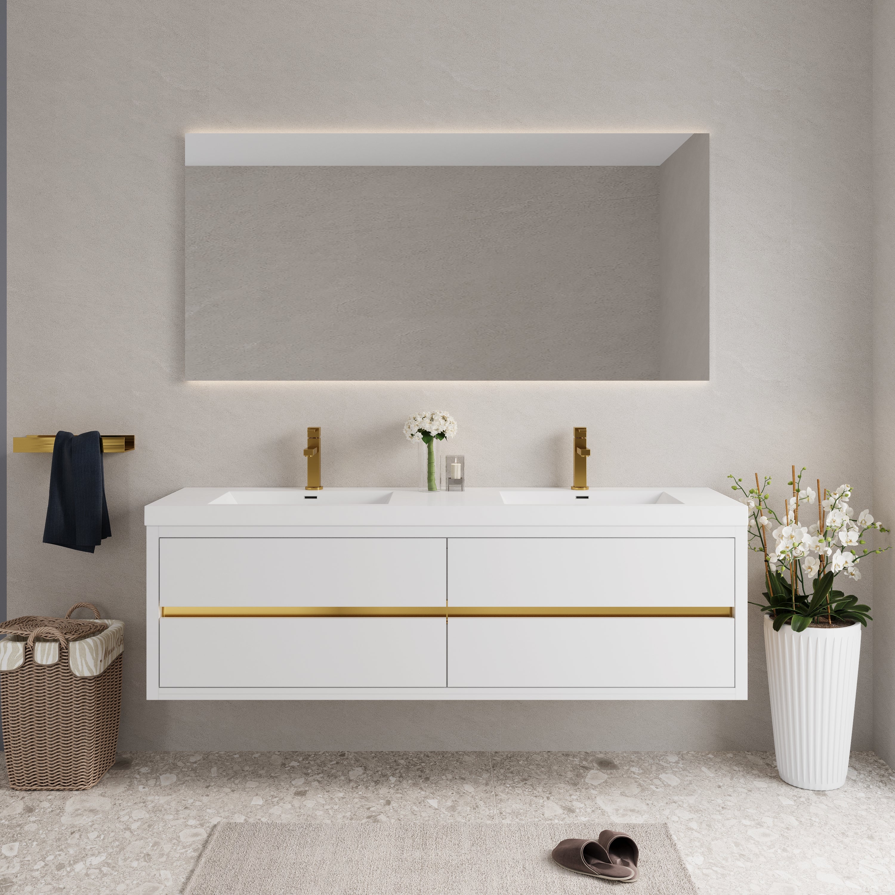 72 Inch White Floating Vanity with Double Sinks