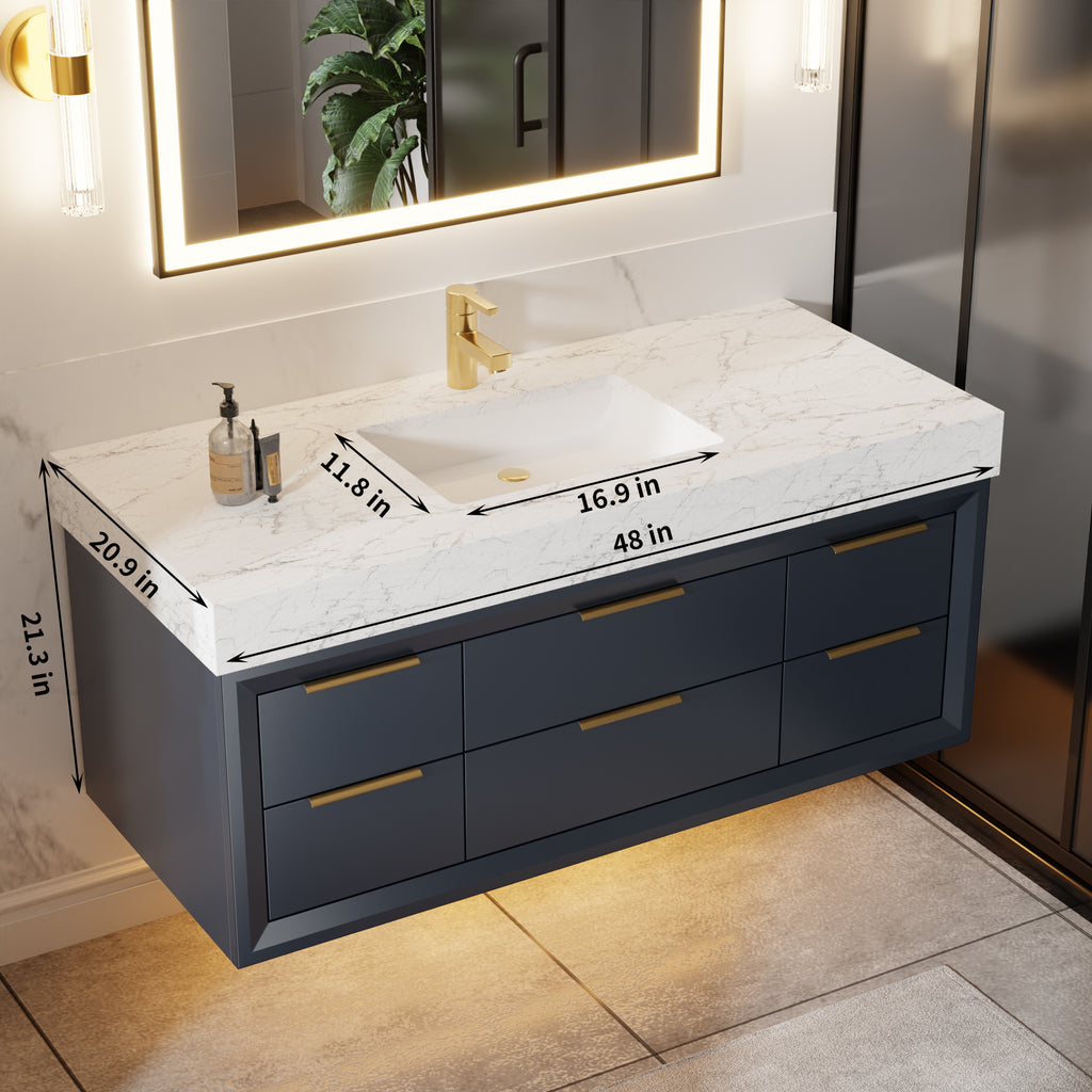 48" Floating Bathroom Vanity with Sink & Lights, Blue Wall Mount Vanity Cabinet