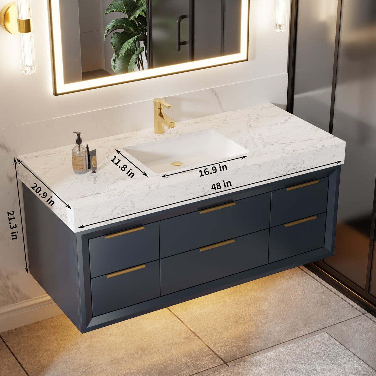 48" Floating Bathroom Vanity with Sink & Lights, Blue Wall Mount Vanity Cabinet