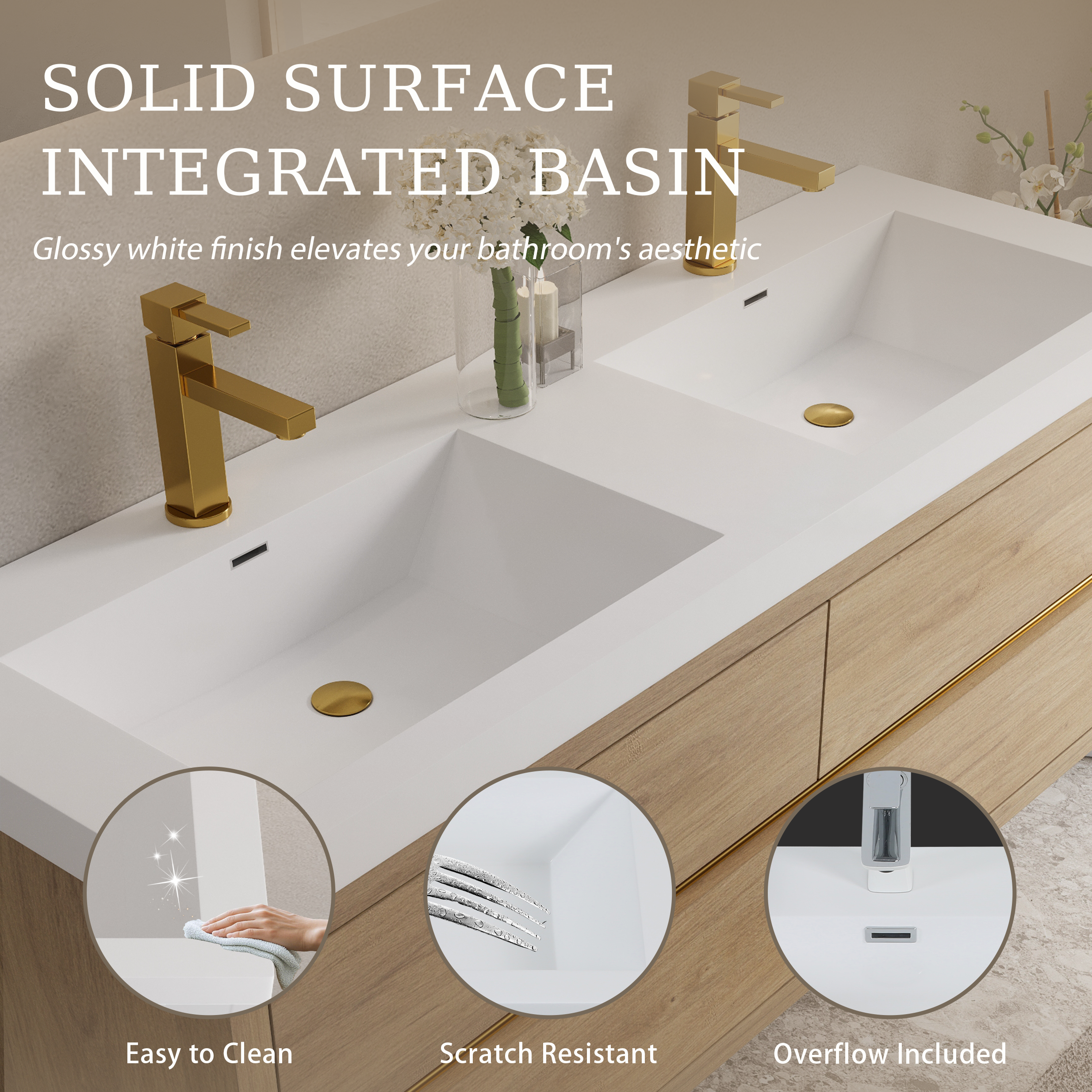 60 Inch Natural Wood Floating Vanity with Double Sinks