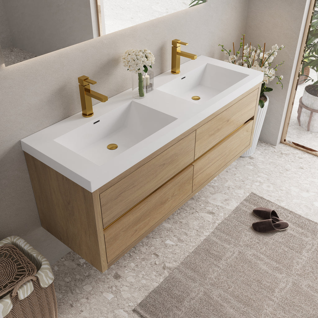 60 Inch Natural Wood Floating Vanity with Double Sinks