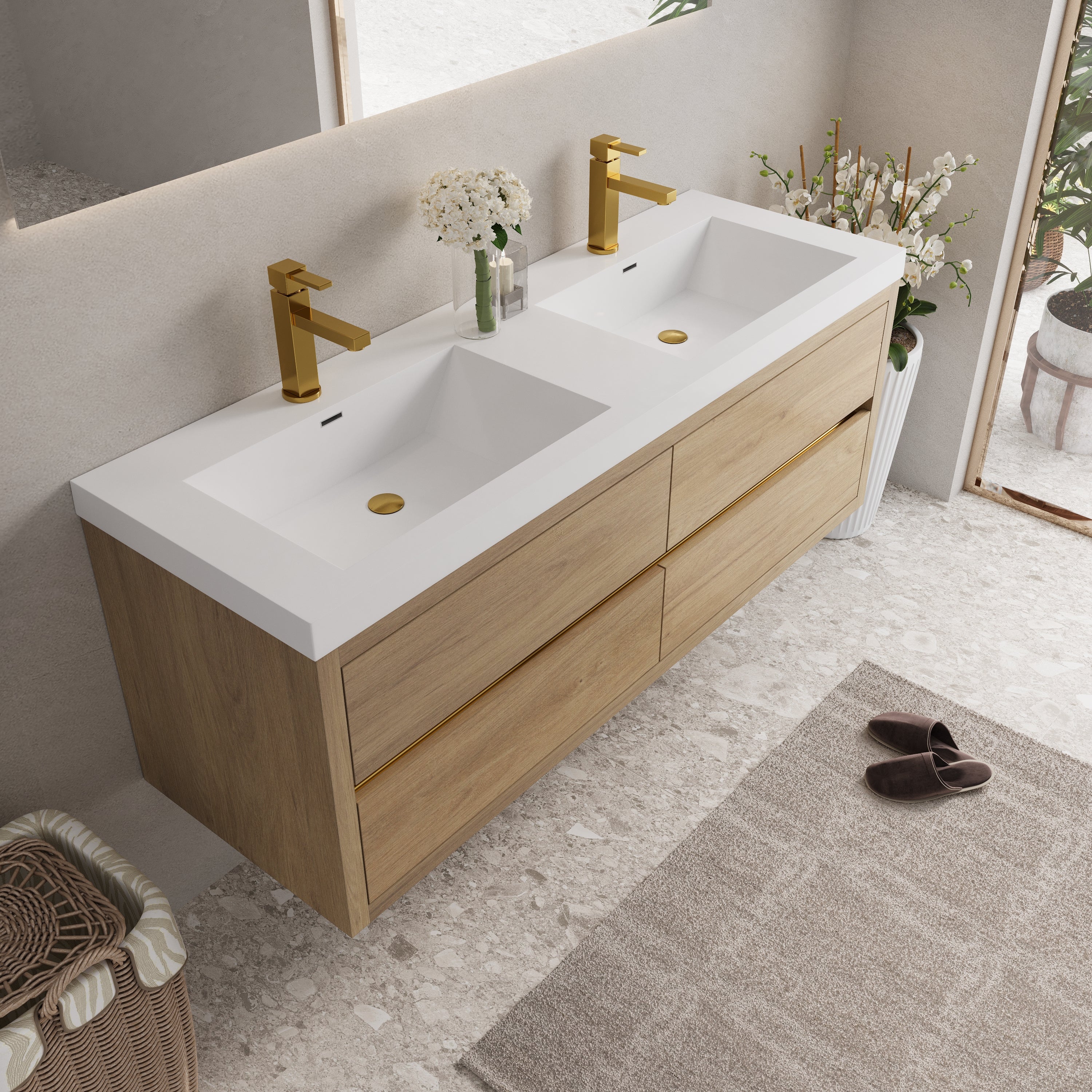 60 Inch Natural Wood Floating Vanity with Double Sinks
