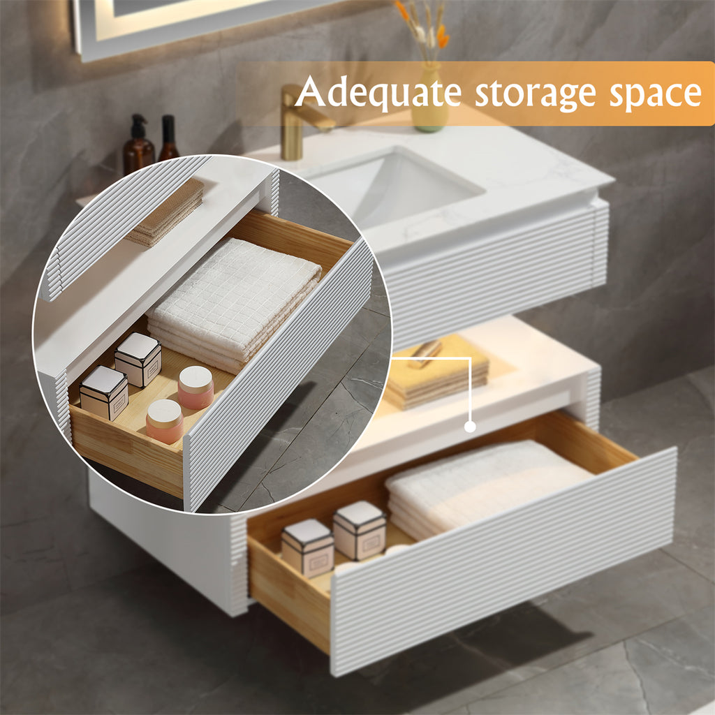 36 Inches White Floating Bathroom Vanity with One Sink, Wall Mounted Double Layer
