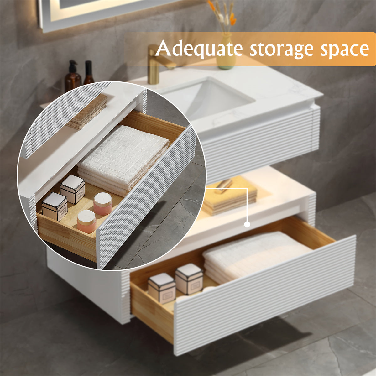 36 Inches White Floating Bathroom Vanity with One Sink, Wall Mounted Double Layer