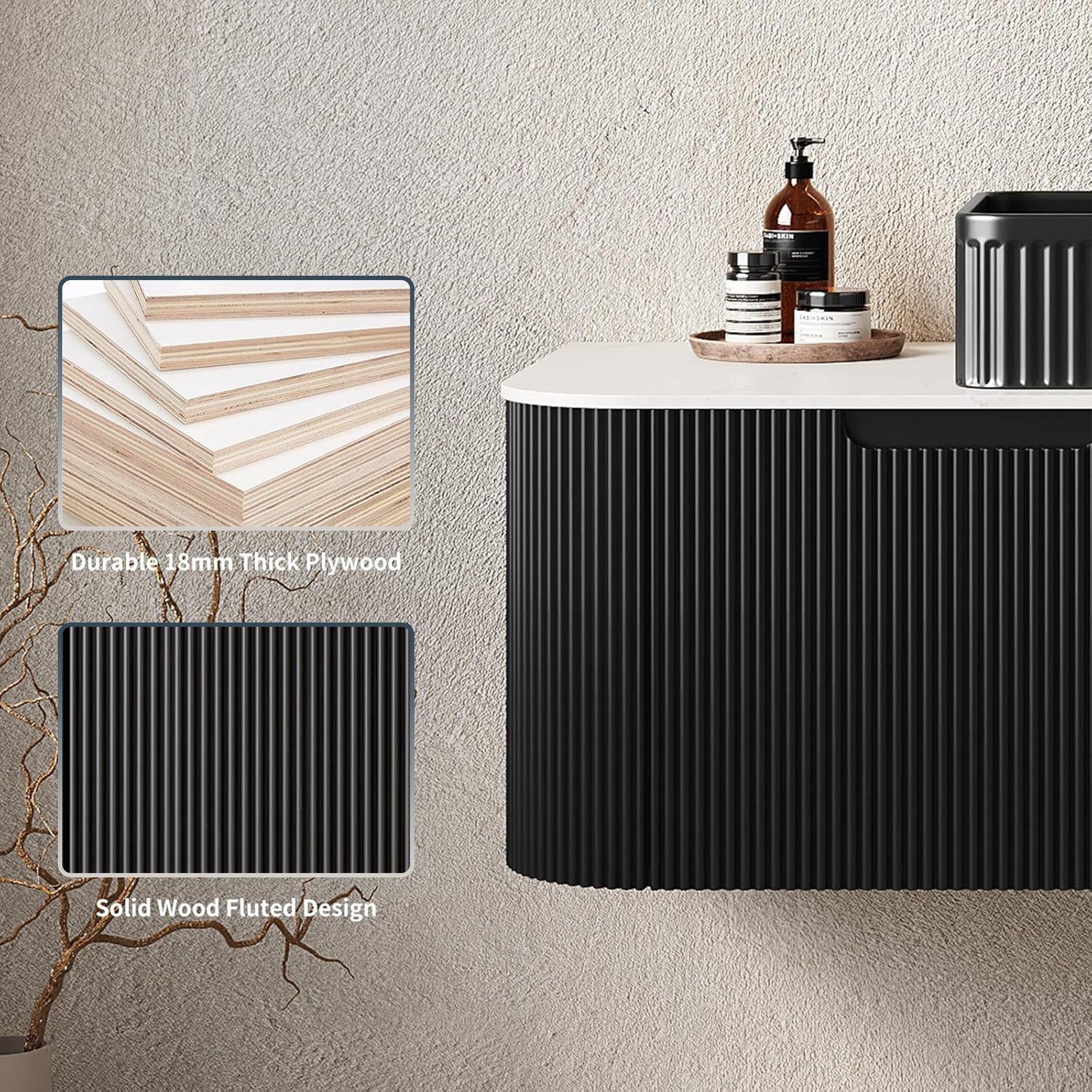 Floating Bathroom Vanity with Black Rectangular Ceramic Basin