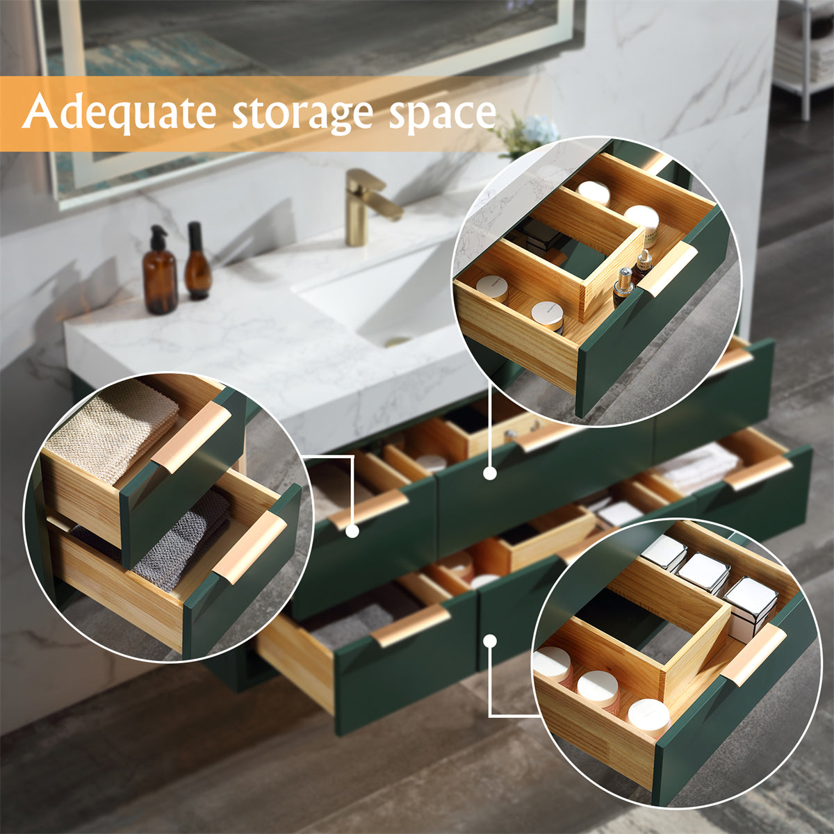 48" Floating Bathroom Vanity with Sink & Lights, Green Wall Mount Vanity Cabinet