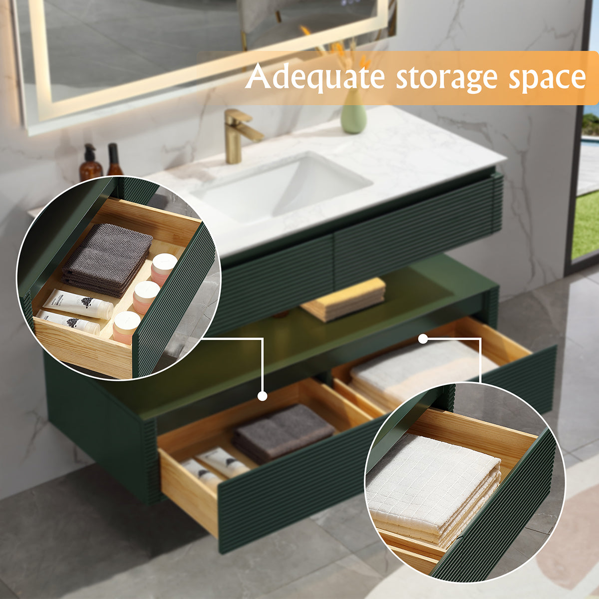 48 Inches Green Floating Bathroom Vanity with One Sink, Wall Mounted Double Layer